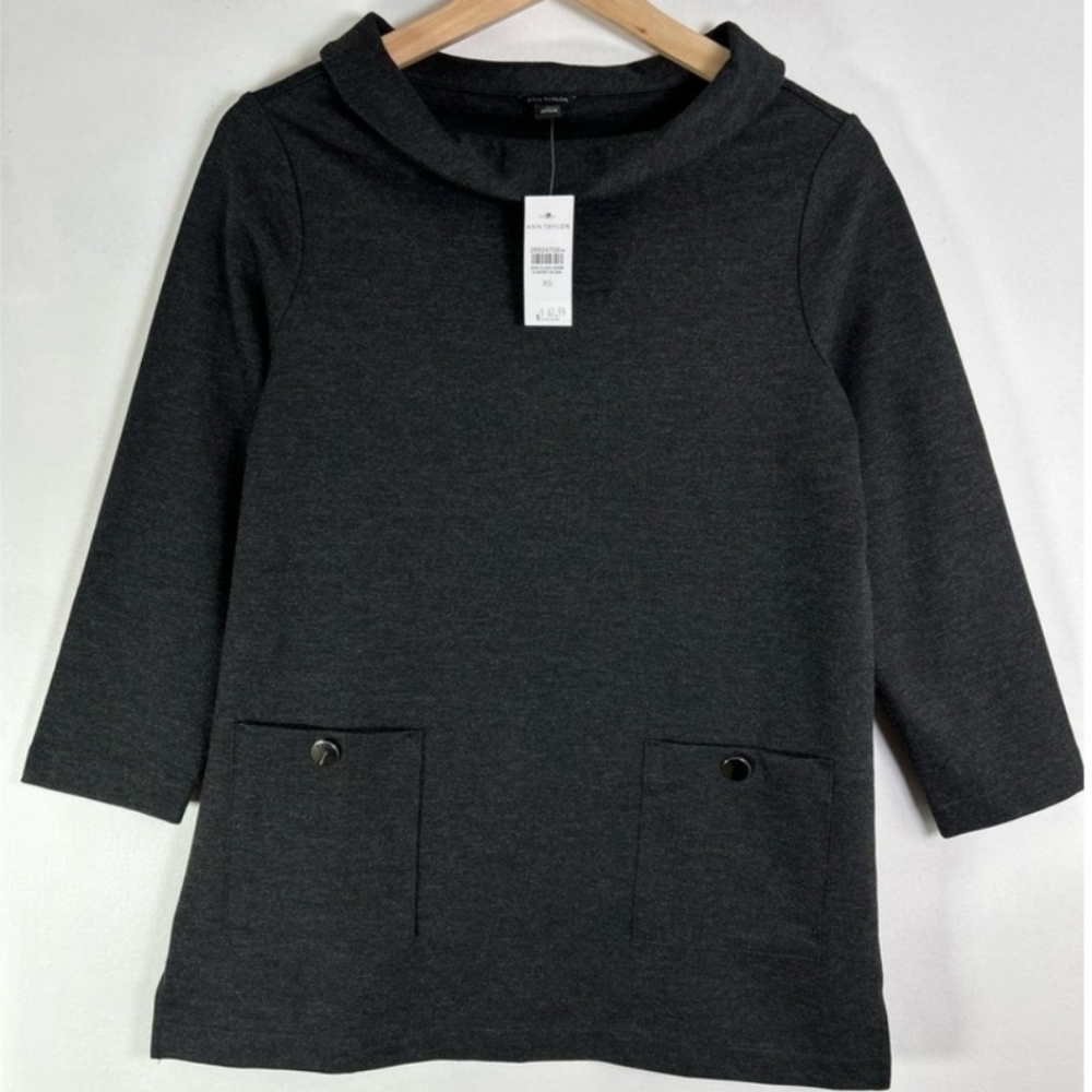 Ann Taylor Cowl Boatneck Blouse 3/4Sleeve Dark Gray